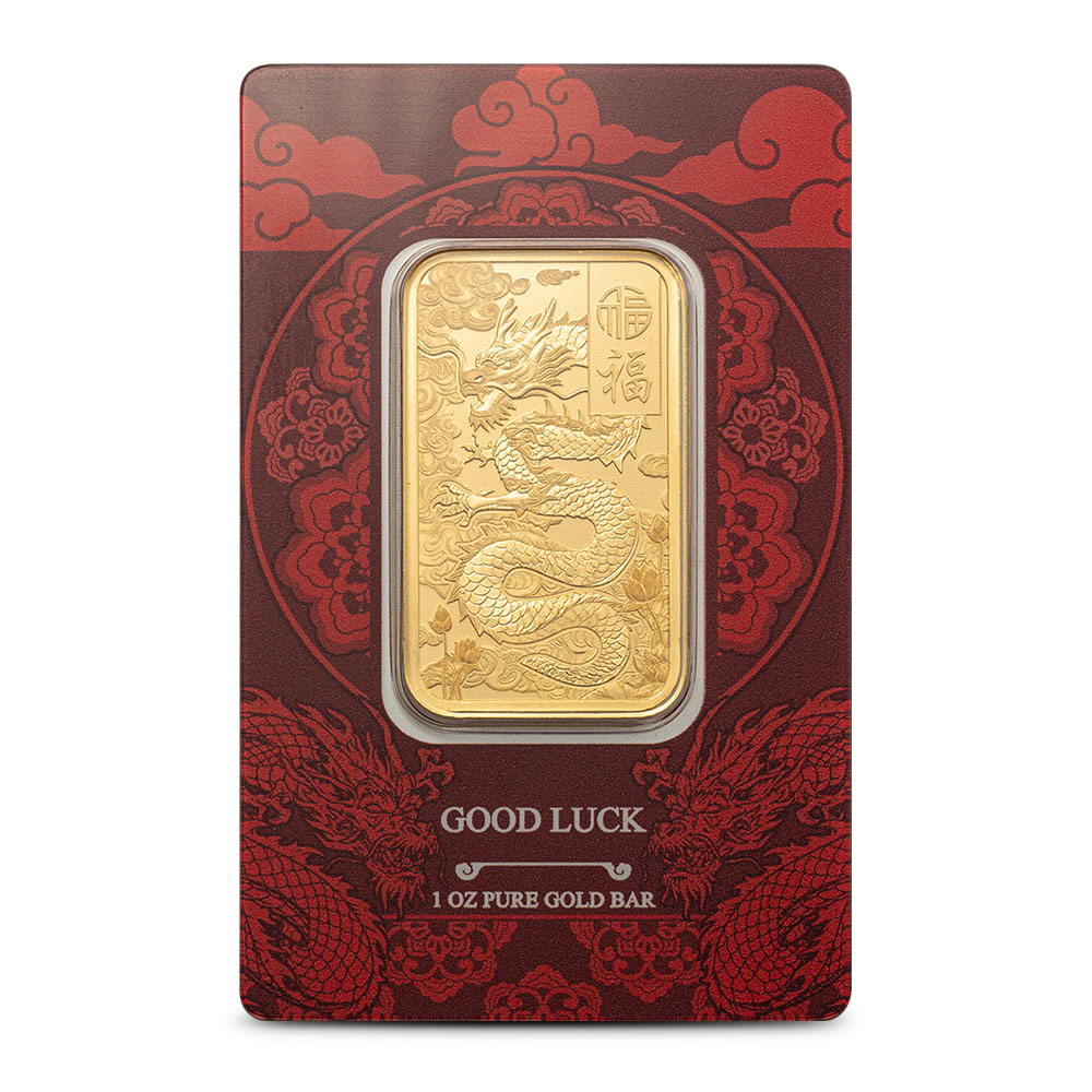 1 oz Gold Bar PAMP Suisse Good Luck Yellow Dragon (New in Assay)